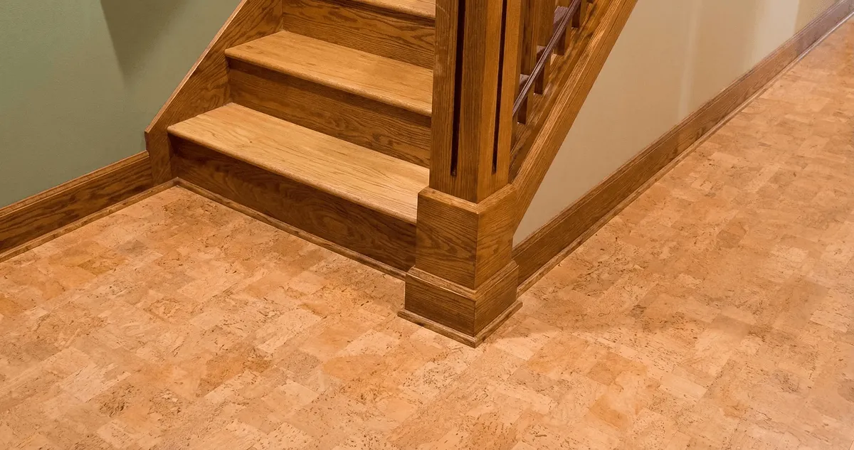 End of a staircase with cork flooring in Kansas City, KS